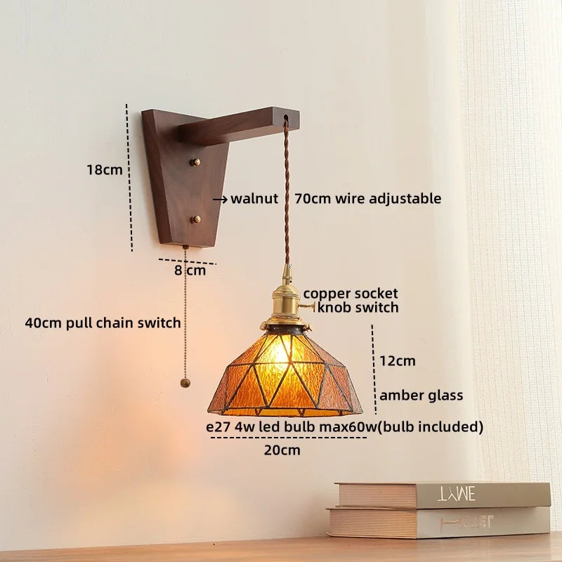 Axyaa Nordic Glass Walnut LED Wall Lights with Pull Chain Switch for Bedroom