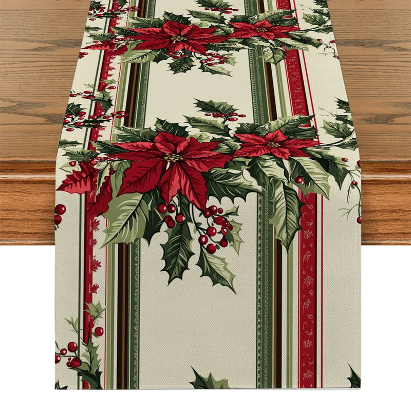 Axyaa Christmas Poinsettia Holly Table Runner for Rustic Dining Decor