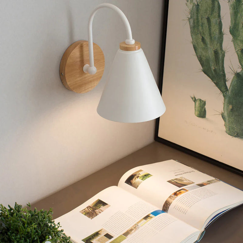 Nordic Wooden Wall Lights Bedside Lamp Modern Sconce for Bedroom with White Lampshade, Axyaa Brand