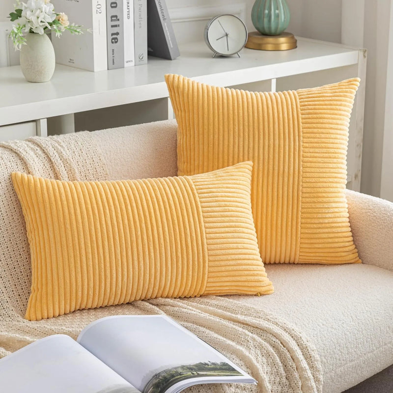 Axyaa Yellow Stripe Corduroy Pillowcase - Patchwork Design - 45x45CM