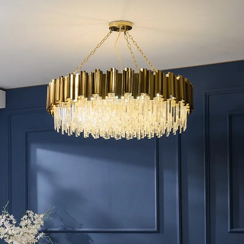 Axyaa Shiny Gold Crystal Chandelier LED Pendant Lights - Modern Luxury Living Room Decor