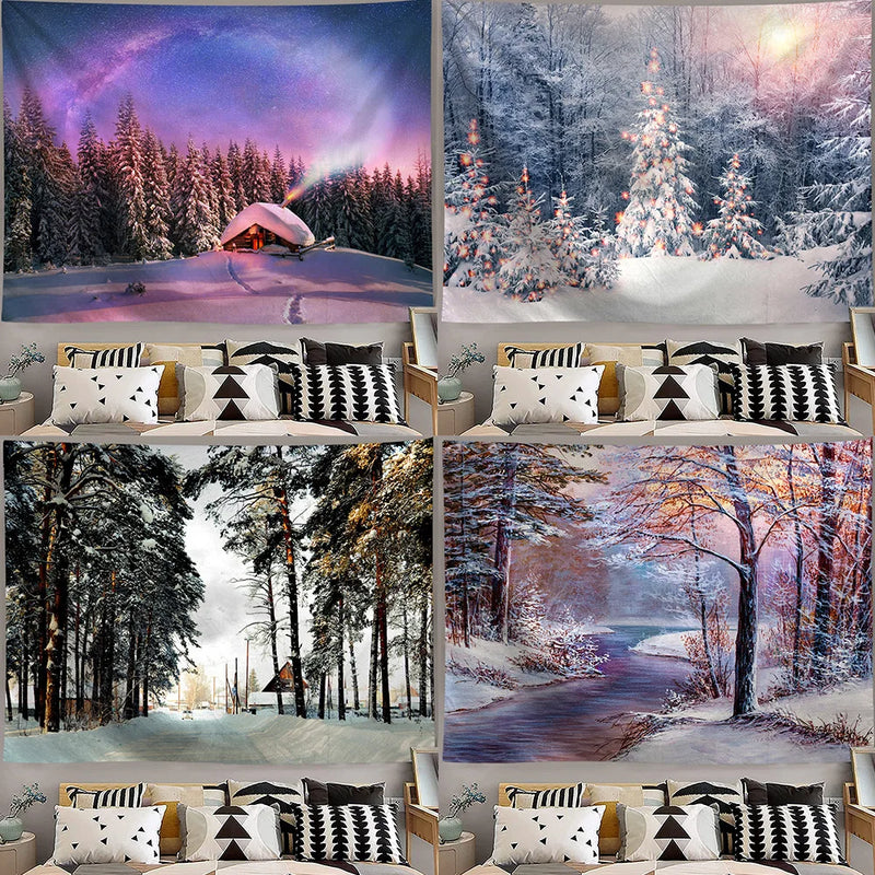 Axyaa Snowy Forest Tapestry Tree Wall Hanging for Home Decor