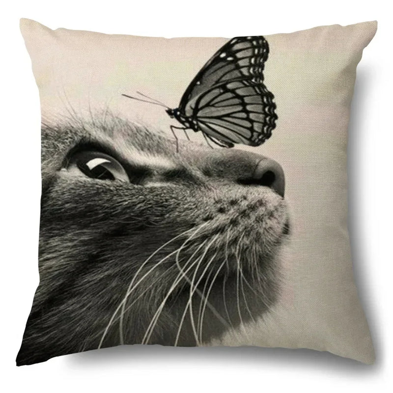 Axyaa Cartoon Kitty Cat Linen Pillowcase for Bed, Couch, and Sofa Décor
