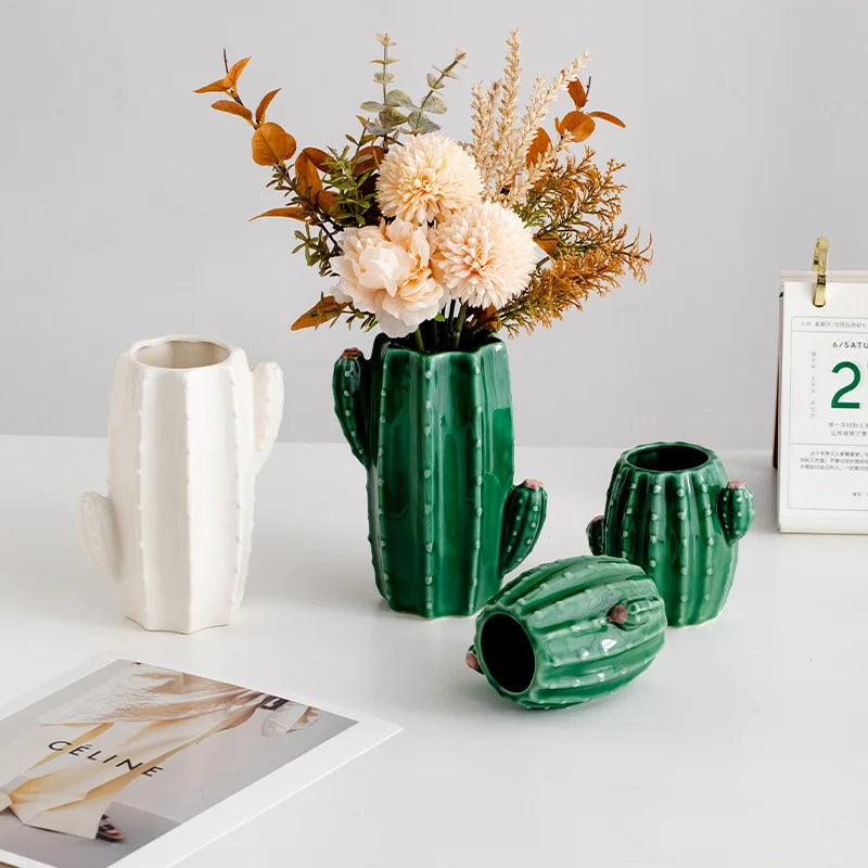 Axya Nordic Ceramic Cactus Vase Home Decor Modern Green Room Decoration