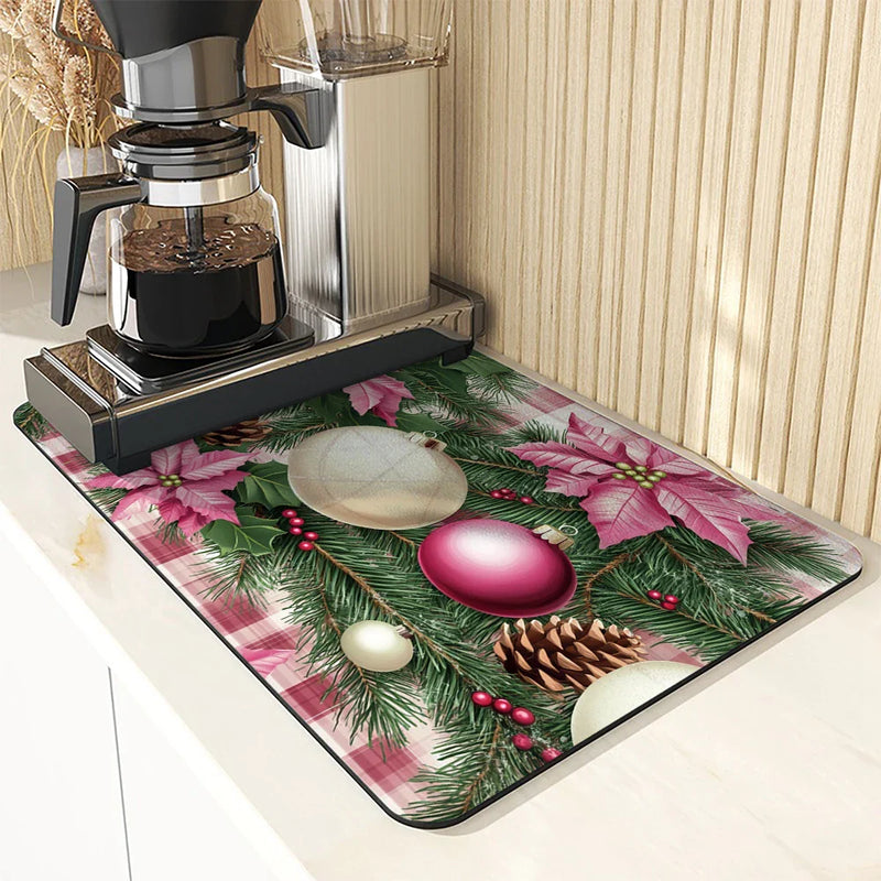 Axyaa Christmas Pink Diatom Mud Kitchen Drain Mats for Tableware & Coffee Machine