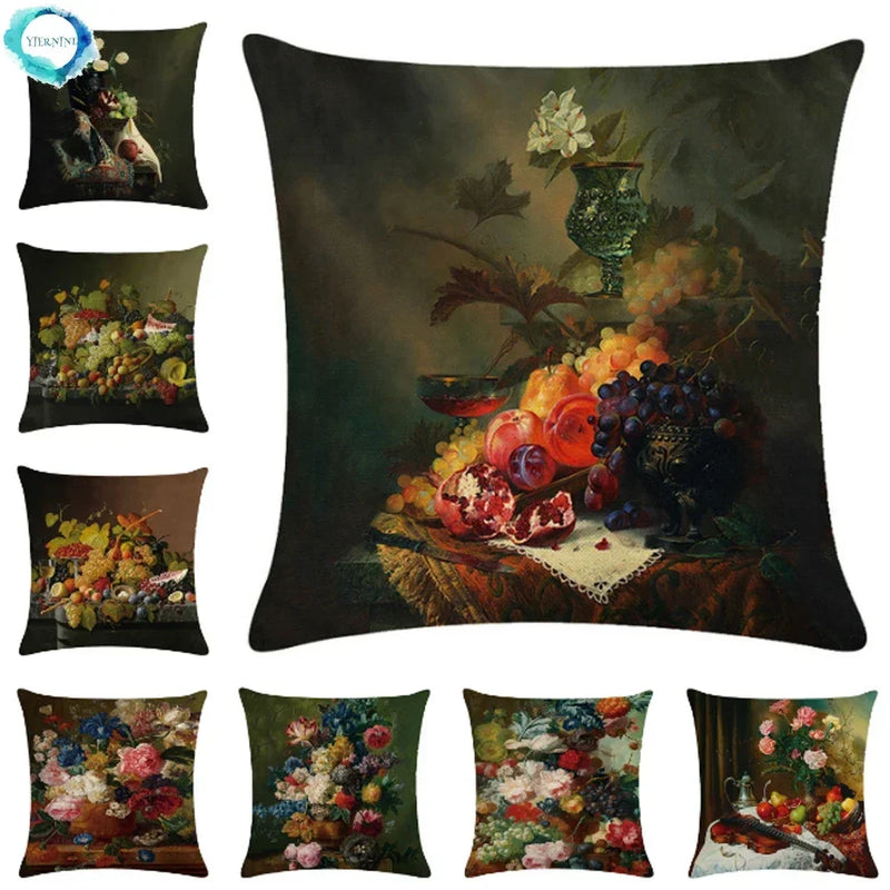 Axyaa Retro Oil Painting Linen Cushion Cover for Home Decor