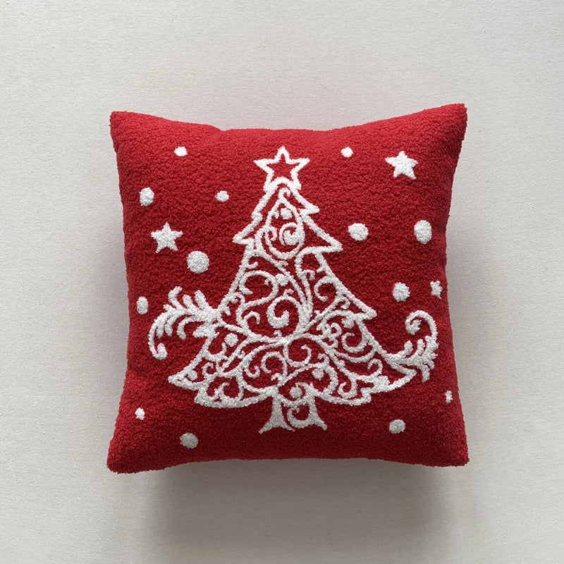 Axyaa Christmas Tree Snowflake Cushion Cover in Green and Red, Embroidered 45x45cm Square Pillowcase