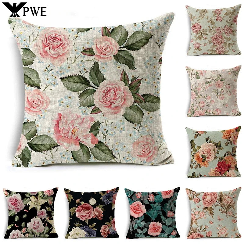 Axyaa Rose Flower Linen Pillowcase 45*45cm Office Car Sofa Living Room Decor