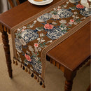 Axyaa Blue & White Porcelain Jacquard Table Runner with Tassel for Living Room Decor