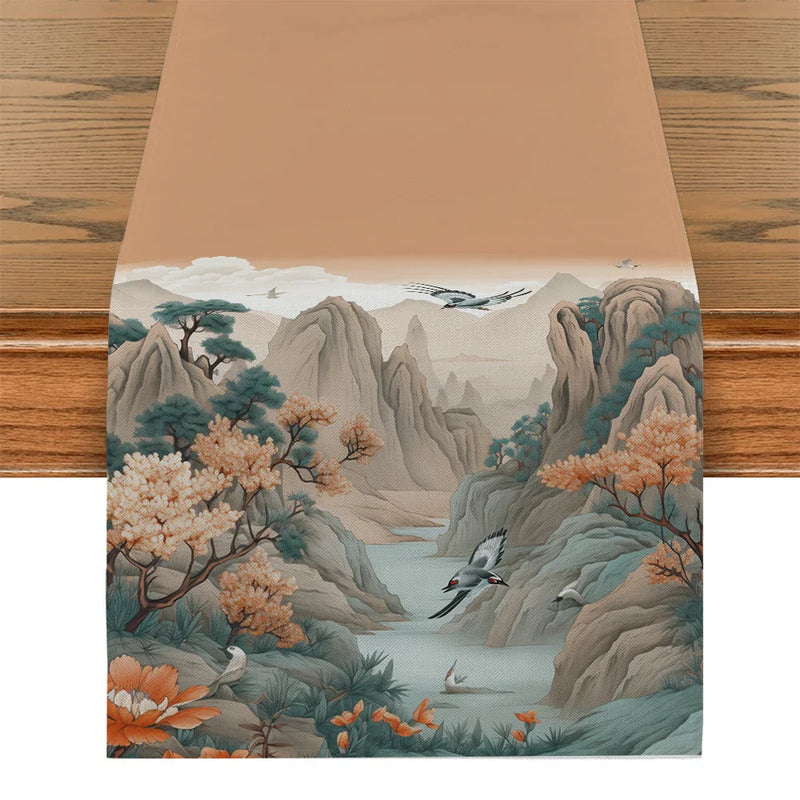 Axyaa Mountain Flower Birds River Table Runner Farmhouse Dining Wedding Decor