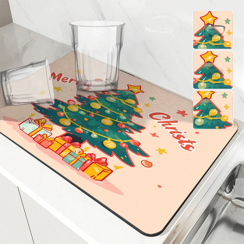 Axyaa Christmas Tree Absorbent Drying Mat - Quick Dry, Antiskid Tableware Mat