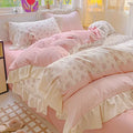 Axyaa Pink Checkered Lace Duvet Set: 1 Duvet, 2 Pillowcases, Bed Sheet.
