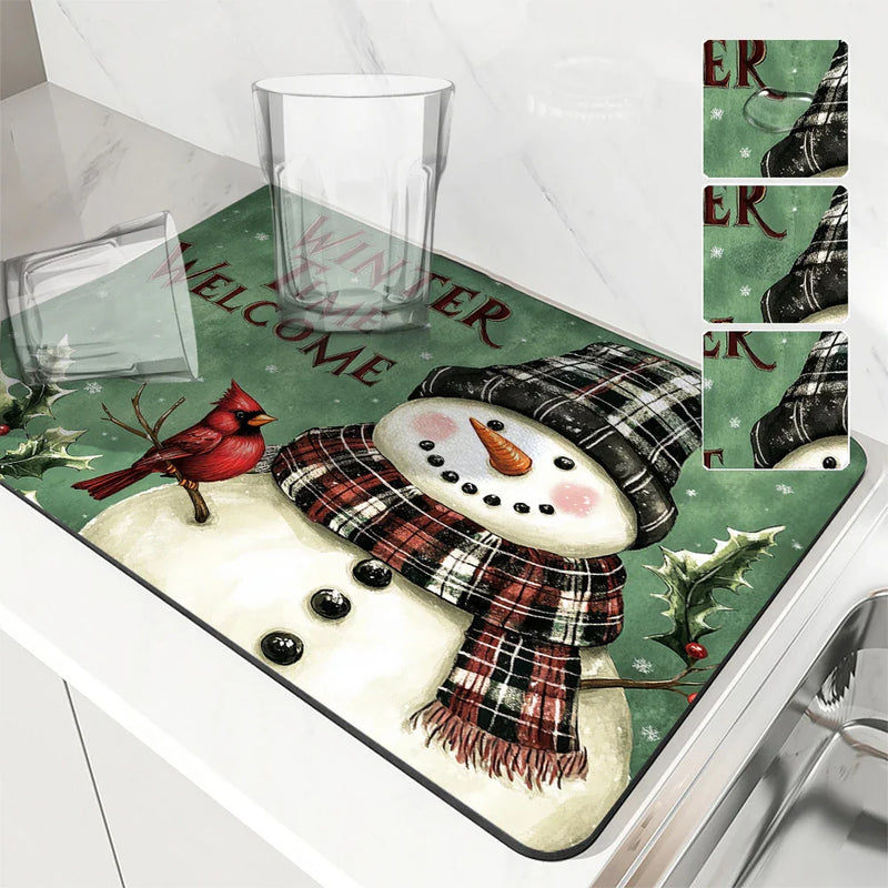 Snowman Kitchen Drying Mat - Axyaa Absorbent Coffee Mat & Dish Draining Pad