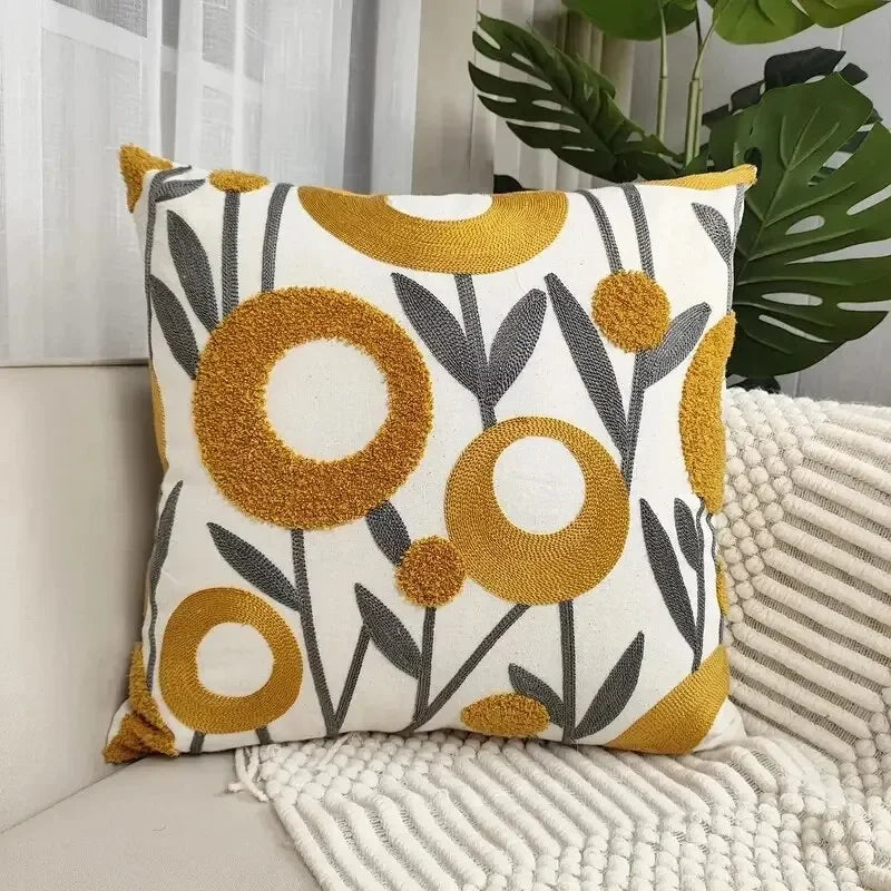 Boho Floral Tufted Cotton Throw Pillow Cover for Couch and Bed by Axyaa