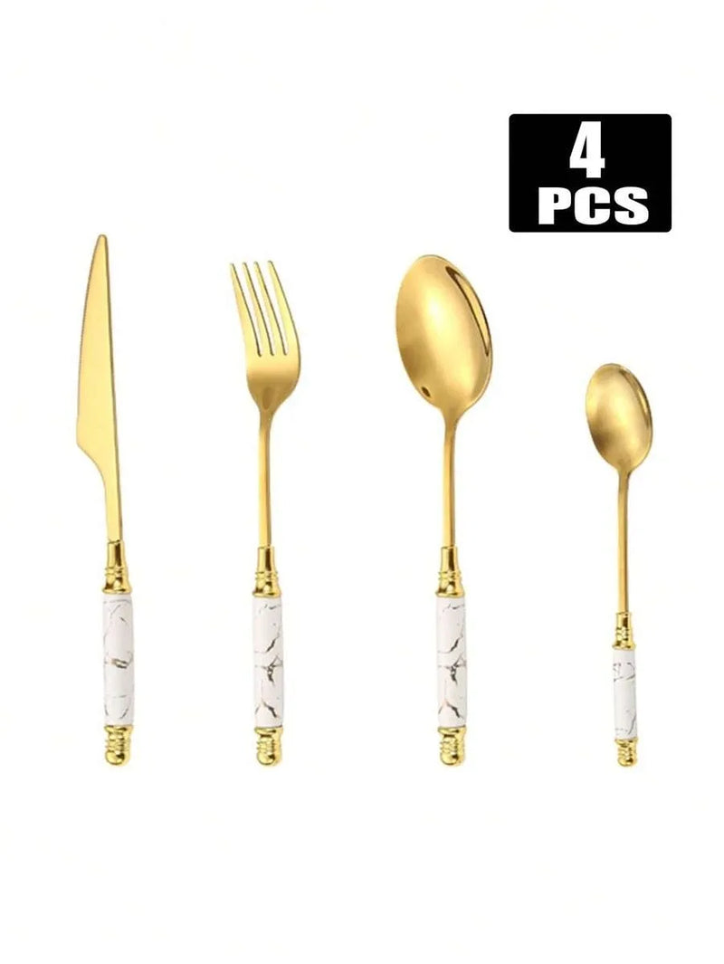 Axyaa 24pcs Ceramic Handle Cutlery Set with Holder - Stainless Steel Knife Fork Spoon