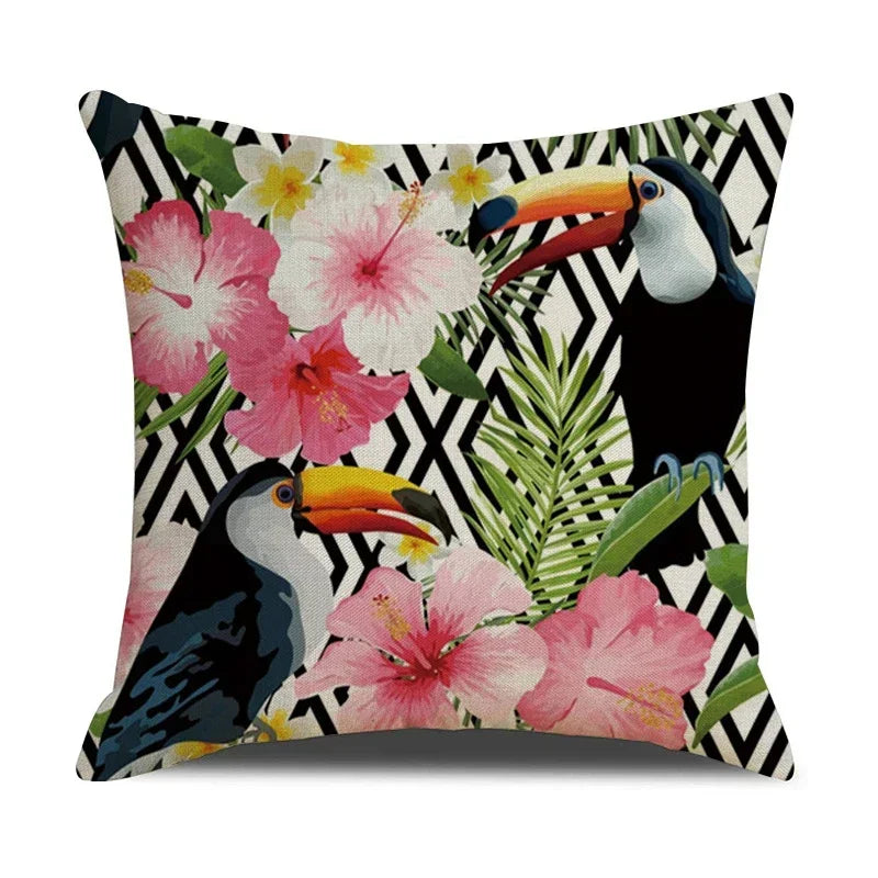 Tropical Birds Linen Pillowcase Set for Decorative Throw Cushions by Axyaa