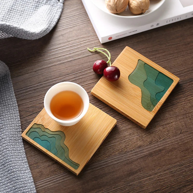 Axya Bamboo Tea Coaster Set with Transparent Resin - Kung Fu Tea Ceremony Accessory