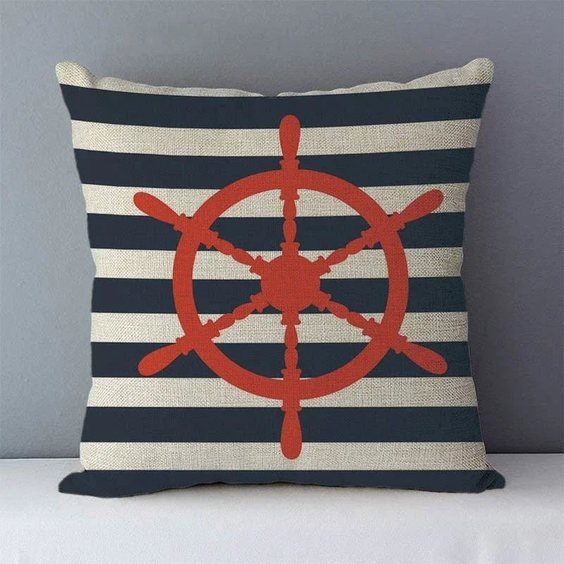 Navy Blue Mediterranean Print Linen Cushion Cover by Axyaa - 45x45cm