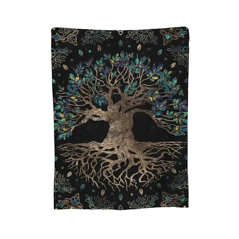 Axyaa Tree Of Life Golden Marble Flannel Throw Blanket