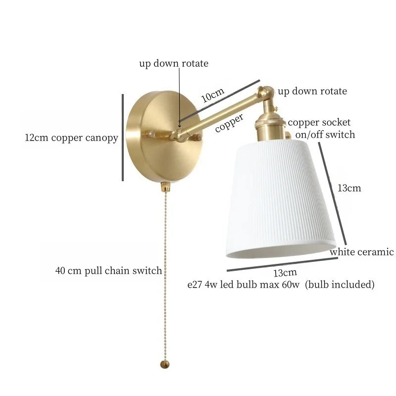 Axyaa White Ceramic LED Wall Sconce Lamp, Nordic Copper Minimalism for Living Room, Bedroom