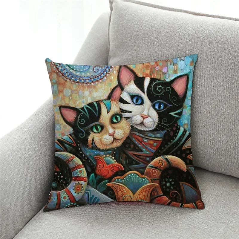 Axyaa Cat Print Linen Pillowcase 45x45cm Home Decor Cushion Cover