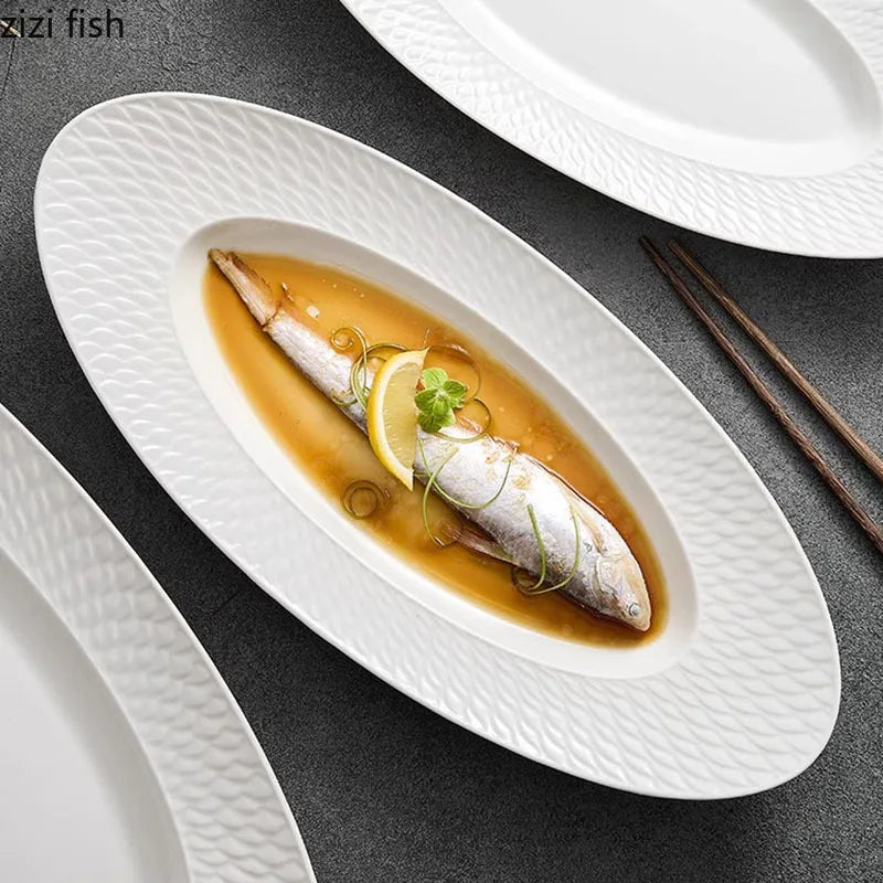 Axya Scaly Texture Ceramic Fish Plate | Oval Dessert Sushi Dish
