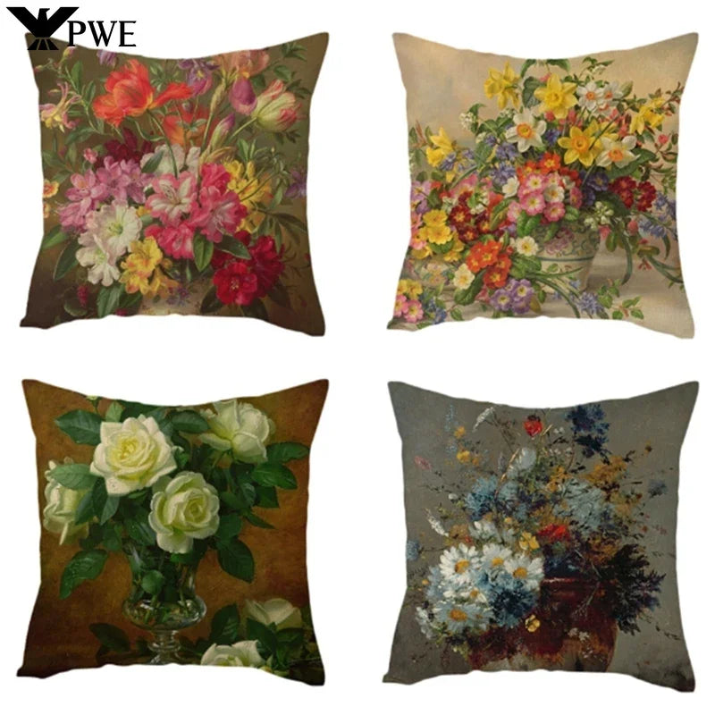 Axyaa Rose Vase Floral Cushion Cover - Orange Pomegranate Sofa Pillow Case