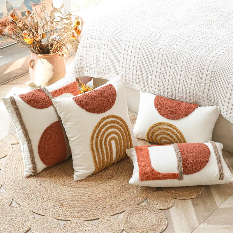 Axyaa Burnt Orange Gematric Tufted Half Circle Cushion Cover for Home Decor