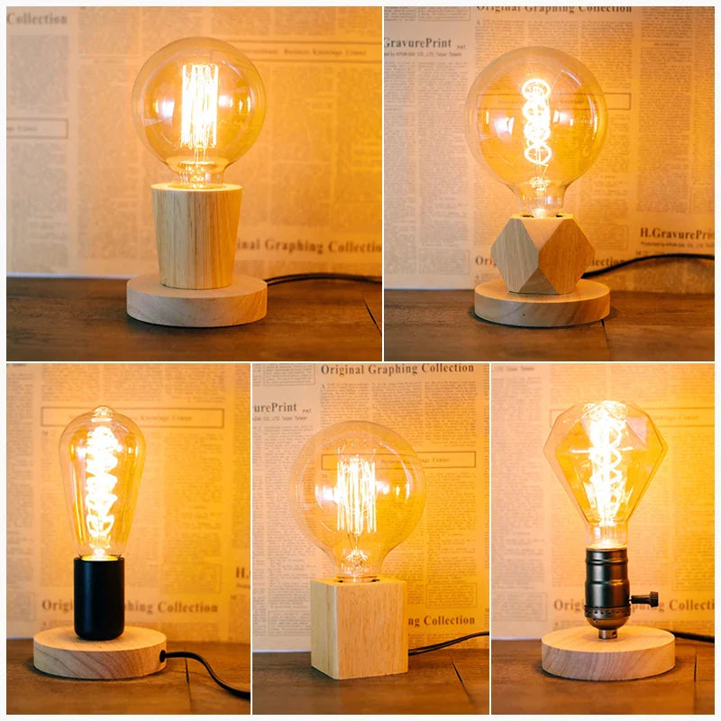 Axyaa Retro Wood Desk Lamp with E27 Socket and Vintage Design