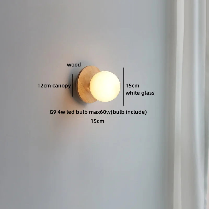 Axyaa Nordic LED Walnut Wood Glass Ball Wall Sconce with Pull Chain Switch