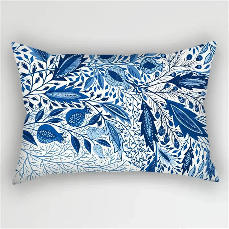 Bohemian Blue Flower Pillowcase with Vintage Ink Plant Leaf Design, by Axyaa