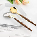Axyaa 24Pcs Brown Silver Stainless Steel Cutlery Set with Wooden Handle