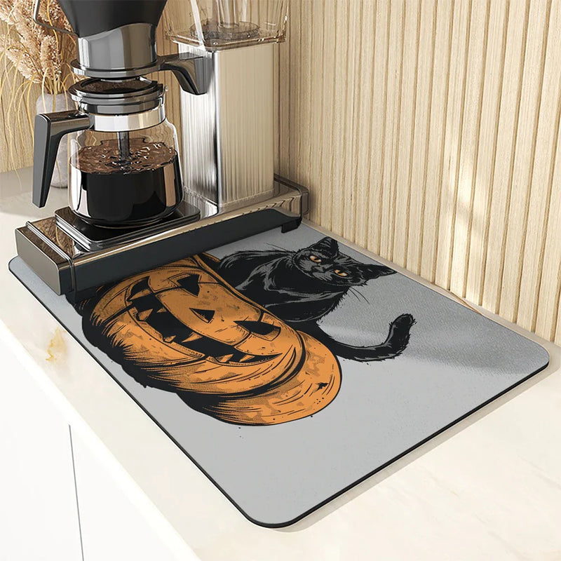 Halloween Cat Pumpkin Head Absorbent Drying Mat for Kitchen Table by Axyaa