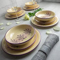 Axyaa Lavender Floral Ceramic Dinnerware Set for 4 | Purple & Cream Pottery Tableware