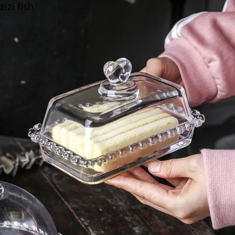 Axya Glass Cake Tray with Cover and Stand Butter Dish Dessert Plate Display Tray
