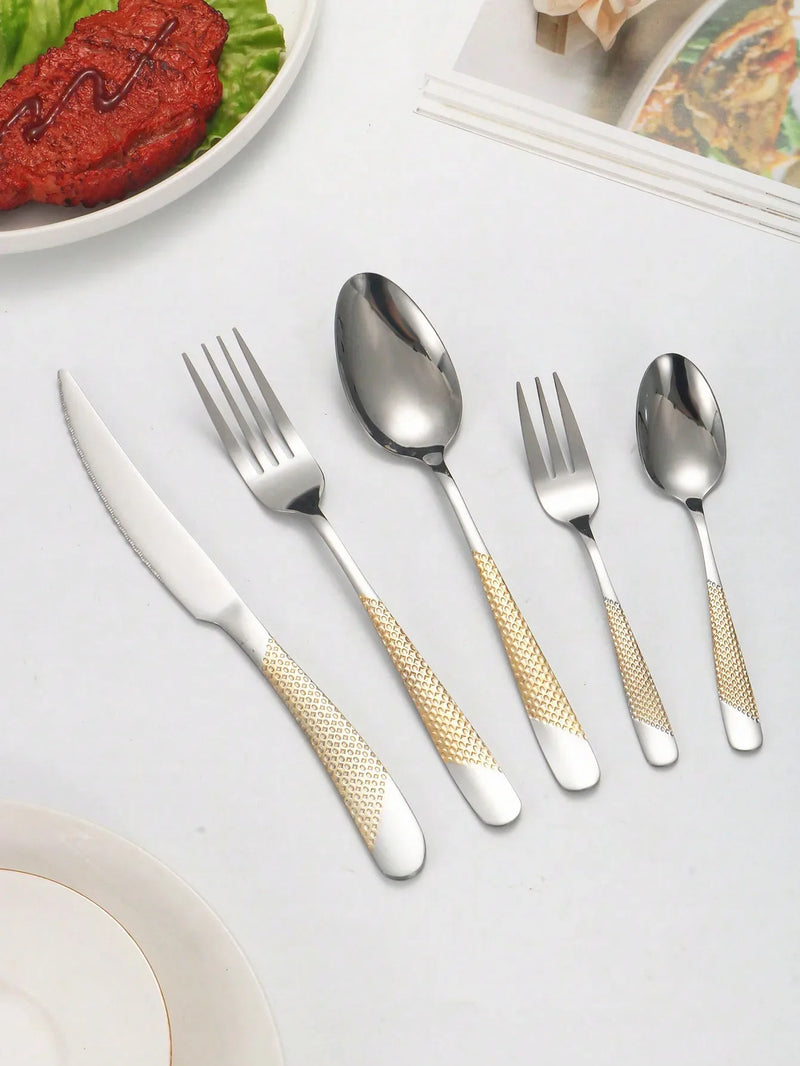 Axyaa Stainless Steel Star Drill Cutlery Set - 30pc Knife, Fork & Spoon Dining Set