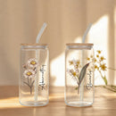 Axyaa Floral Retro Custom Engraved Glass Cup with Lid & Straw