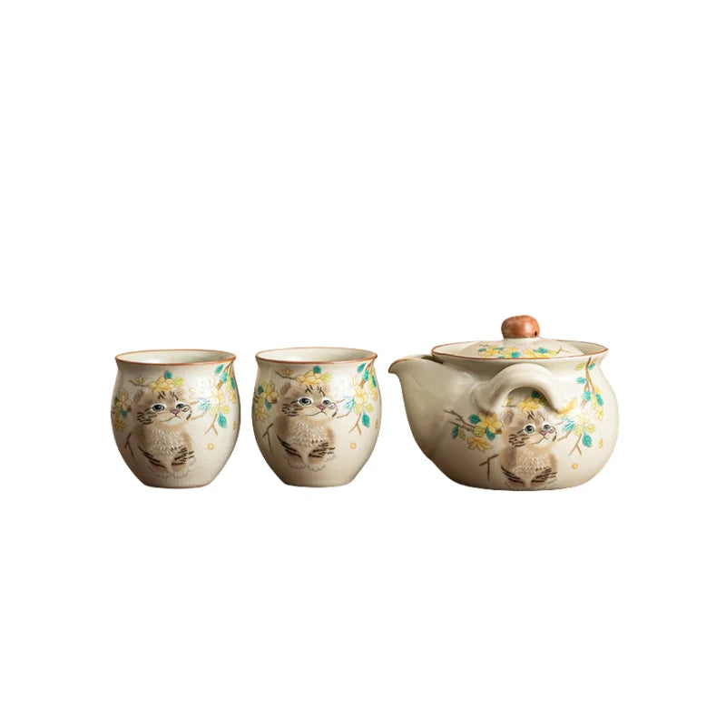 Axya Cartoon Cat Ceramic Tea Set - Portable Outdoor Chinese Tea Set