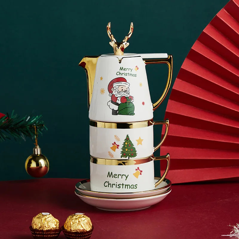 Axya Ceramic Elk Teapot Mug Set - Festive Home Gift for Christmas & New Year