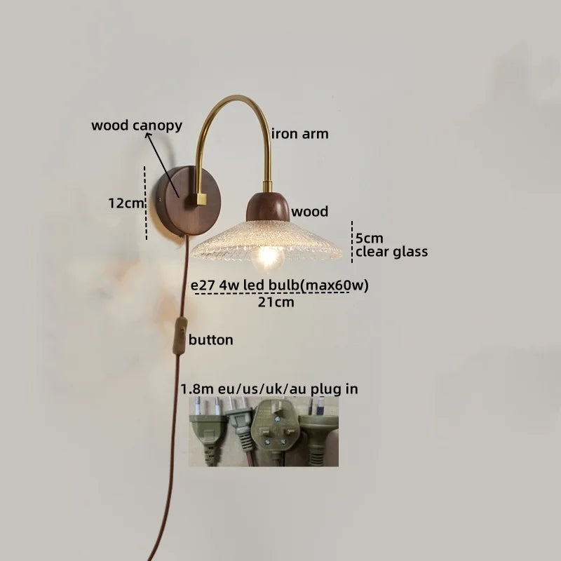 Axyaa Modern Wood Glass LED Wall Light for Bedroom and Living Room