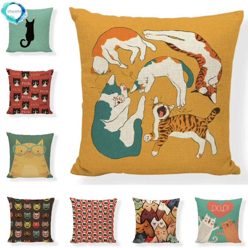 Axyaa Cartoon Cat Linen Cushion Cover - Home Decor Essential for Sofa, Living Room, or Bed