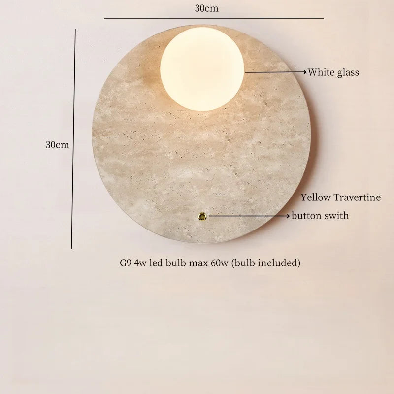 Axyaa White Glass LED Wall Light - Yellow Travertine Button Switch - Wabi Sabi Design