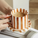 Axyaa Hand-painted Japanese Style Ceramic Mug Set, Vintage Striped Coffee Cup with Saucer