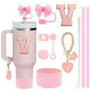 Axyaa 10-Piece Cup Accessories Set with Straws, Brush, Flower Charm, & Spill-Proof Stopper