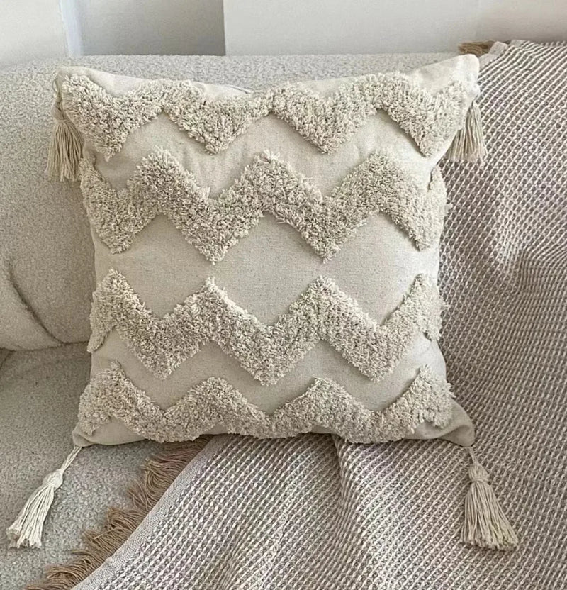 Moroccan Beige Fringe Tufted Pillow Case for Chic Home Decor by Axyaa