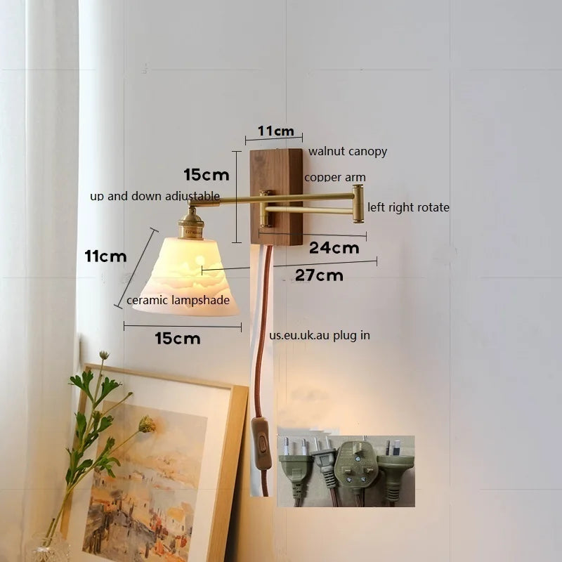 Axyaa Walnut Canopy Copper LED Wall Lamp with Long Arm Rotation