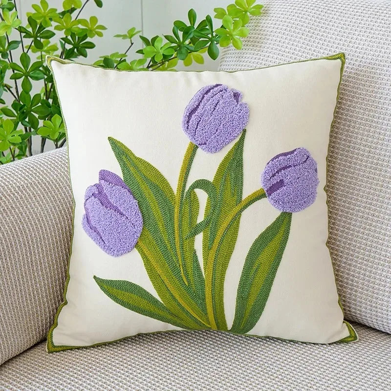 Axyaa Tulip Embroidered Throw Pillow Cover - Pastoral Style Decorative Cushion