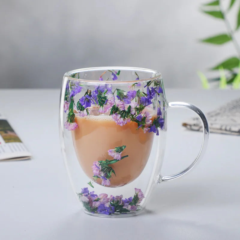 Axya Double Wall Glass Coffee Mugs 350ml Elegant Flower Design