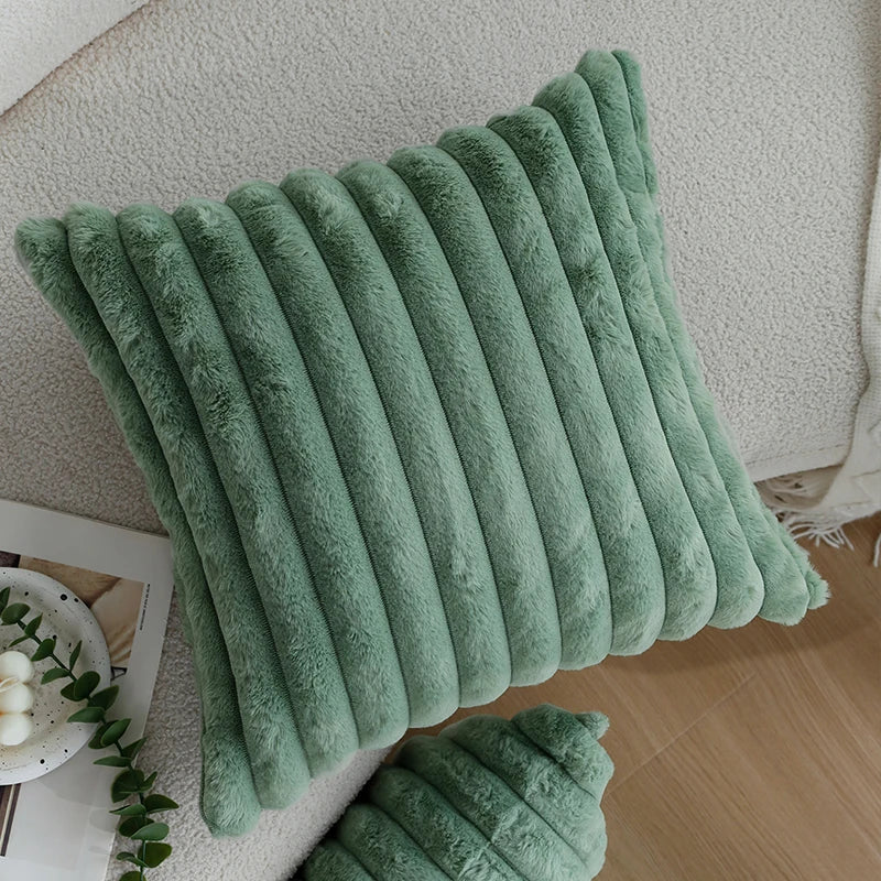 Axyaa Green Plush Faux Fur Nordic Cushion Cover 45x45cm Cozy Soft Romantic Home Décor