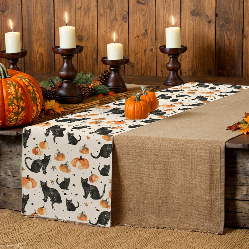 Watercolor Pumpkin Black Cat Table Runner by Axyaa